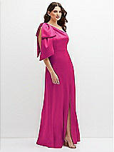 Side View Thumbnail - Think Pink One-Shoulder Satin Maxi Dress with Chic Oversized Shoulder Bow