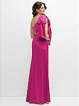 Rear View Thumbnail - Think Pink One-Shoulder Satin Maxi Dress with Chic Oversized Shoulder Bow