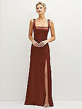 Front View Thumbnail - Auburn Moon Square-Neck Satin A-line Maxi Dress with Front Slit