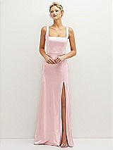 Front View Thumbnail - Ballet Pink Square-Neck Satin A-line Maxi Dress with Front Slit