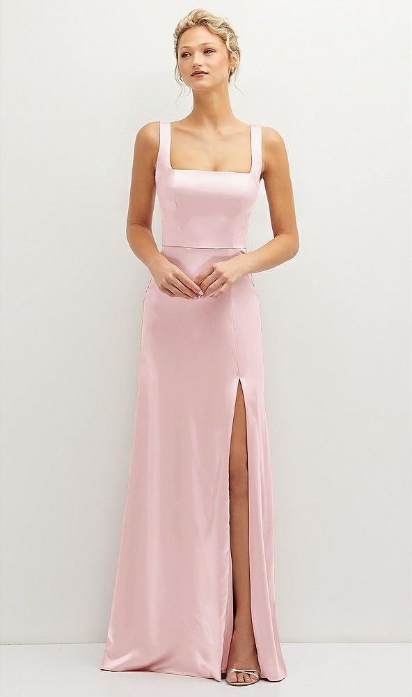 Front View - Ballet Pink Square-Neck Satin A-line Maxi Dress with Front Slit