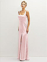 Side View Thumbnail - Ballet Pink Square-Neck Satin A-line Maxi Dress with Front Slit