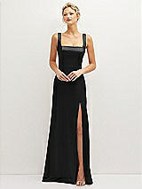 Front View Thumbnail - Black Square-Neck Satin A-line Maxi Dress with Front Slit