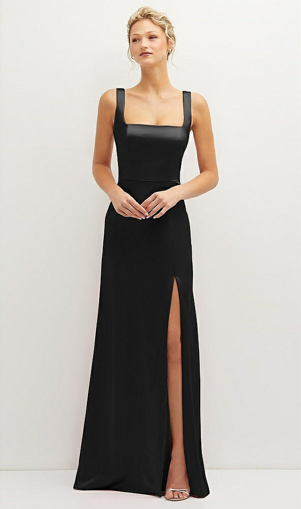 Front View - Black Square-Neck Satin A-line Maxi Dress with Front Slit