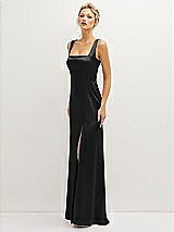 Side View Thumbnail - Black Square-Neck Satin A-line Maxi Dress with Front Slit