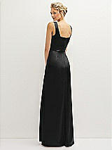 Rear View Thumbnail - Black Square-Neck Satin A-line Maxi Dress with Front Slit