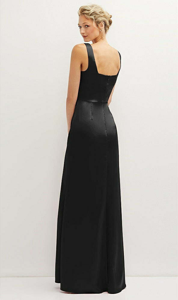 Back View - Black Square-Neck Satin A-line Maxi Dress with Front Slit