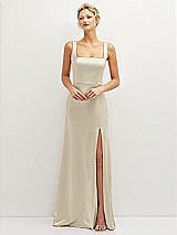Front View Thumbnail - Champagne Square-Neck Satin A-line Maxi Dress with Front Slit