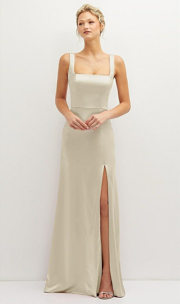 Front View - Champagne Square-Neck Satin A-line Maxi Dress with Front Slit