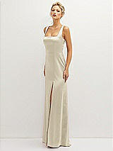 Side View Thumbnail - Champagne Square-Neck Satin A-line Maxi Dress with Front Slit