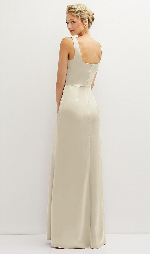 Back View - Champagne Square-Neck Satin A-line Maxi Dress with Front Slit