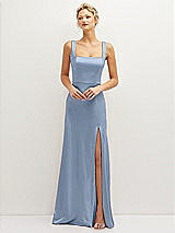 Front View Thumbnail - Cloudy Square-Neck Satin A-line Maxi Dress with Front Slit