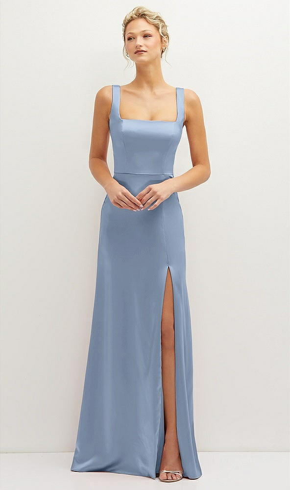 Front View - Cloudy Square-Neck Satin A-line Maxi Dress with Front Slit