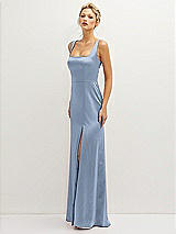 Side View Thumbnail - Cloudy Square-Neck Satin A-line Maxi Dress with Front Slit