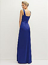 Rear View Thumbnail - Cobalt Blue Square-Neck Satin A-line Maxi Dress with Front Slit