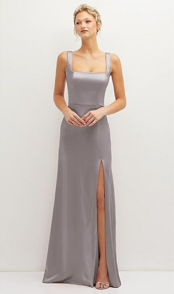 Front View - Cashmere Gray Square-Neck Satin A-line Maxi Dress with Front Slit