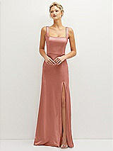 Front View Thumbnail - Desert Rose Square-Neck Satin A-line Maxi Dress with Front Slit