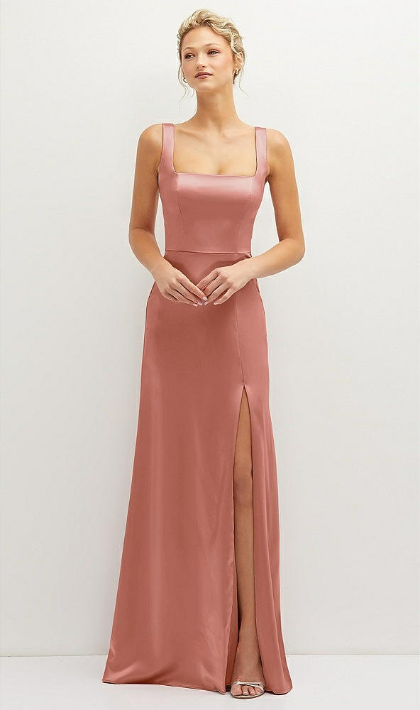 Front View - Desert Rose Square-Neck Satin A-line Maxi Dress with Front Slit