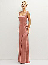 Side View Thumbnail - Desert Rose Square-Neck Satin A-line Maxi Dress with Front Slit