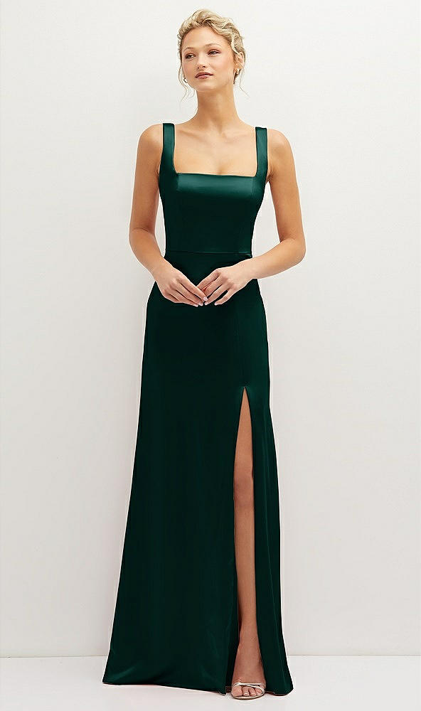 Front View - Evergreen Square-Neck Satin A-line Maxi Dress with Front Slit