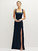 Front View Thumbnail - Midnight Navy Square-Neck Satin A-line Maxi Dress with Front Slit