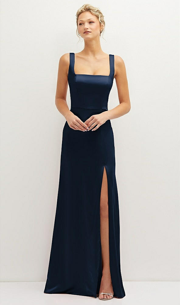 Front View - Midnight Navy Square-Neck Satin A-line Maxi Dress with Front Slit