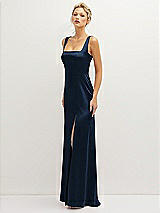 Side View Thumbnail - Midnight Navy Square-Neck Satin A-line Maxi Dress with Front Slit