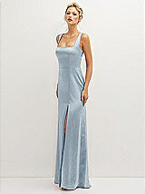 Side View Thumbnail - Mist Square-Neck Satin A-line Maxi Dress with Front Slit
