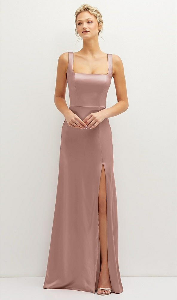 Front View - Neu Nude Square-Neck Satin A-line Maxi Dress with Front Slit