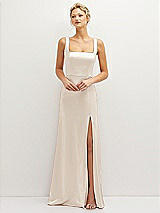 Front View Thumbnail - Oat Square-Neck Satin A-line Maxi Dress with Front Slit