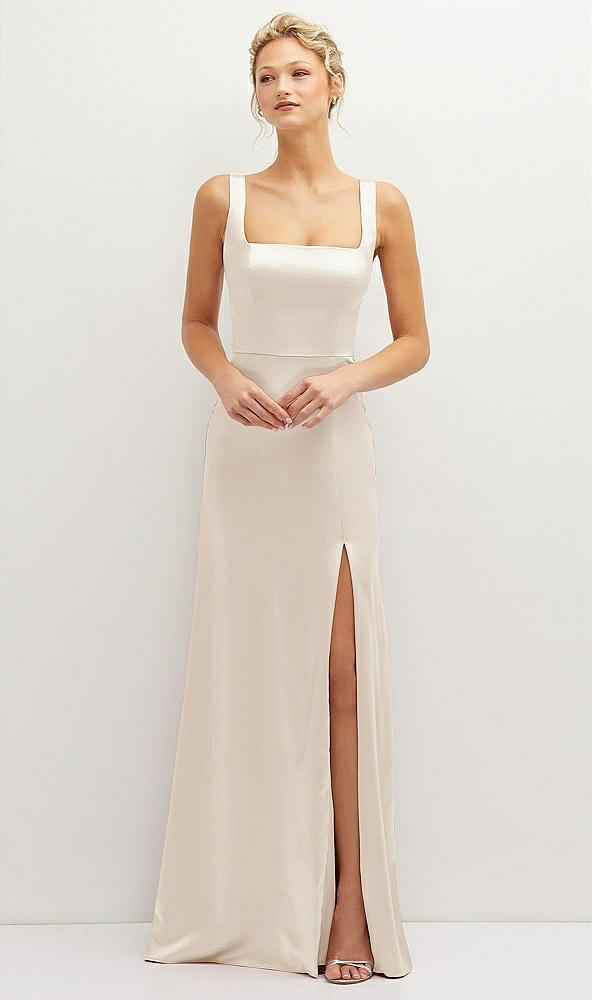 Front View - Oat Square-Neck Satin A-line Maxi Dress with Front Slit