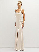 Side View Thumbnail - Oat Square-Neck Satin A-line Maxi Dress with Front Slit