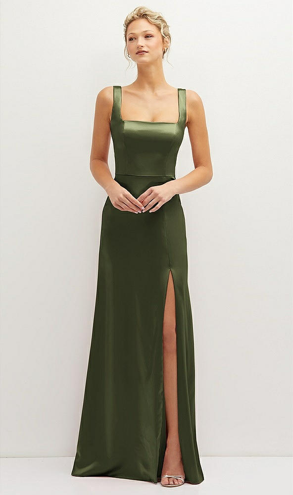 Front View - Olive Green Square-Neck Satin A-line Maxi Dress with Front Slit