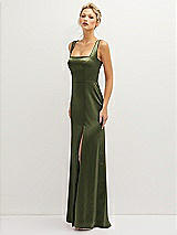 Side View Thumbnail - Olive Green Square-Neck Satin A-line Maxi Dress with Front Slit