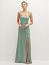 Front View Thumbnail - Seagrass Square-Neck Satin A-line Maxi Dress with Front Slit