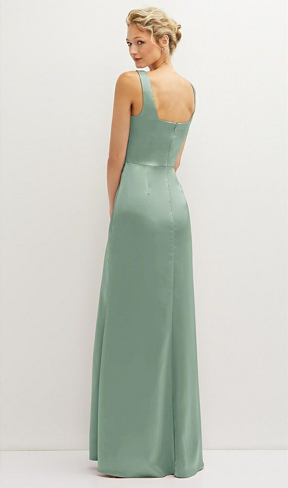 Back View - Seagrass Square-Neck Satin A-line Maxi Dress with Front Slit