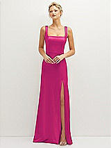 Front View Thumbnail - Think Pink Square-Neck Satin A-line Maxi Dress with Front Slit