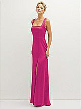 Side View Thumbnail - Think Pink Square-Neck Satin A-line Maxi Dress with Front Slit