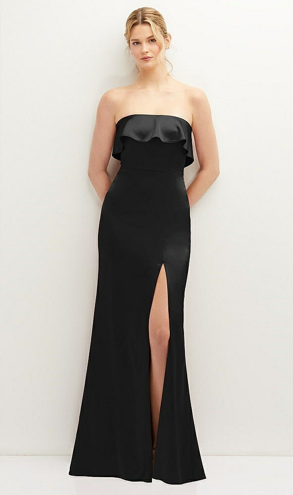 Front View - Black Soft Ruffle Cuff Strapless Trumpet Dress with Front Slit