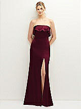 Front View Thumbnail - Cabernet Soft Ruffle Cuff Strapless Trumpet Dress with Front Slit