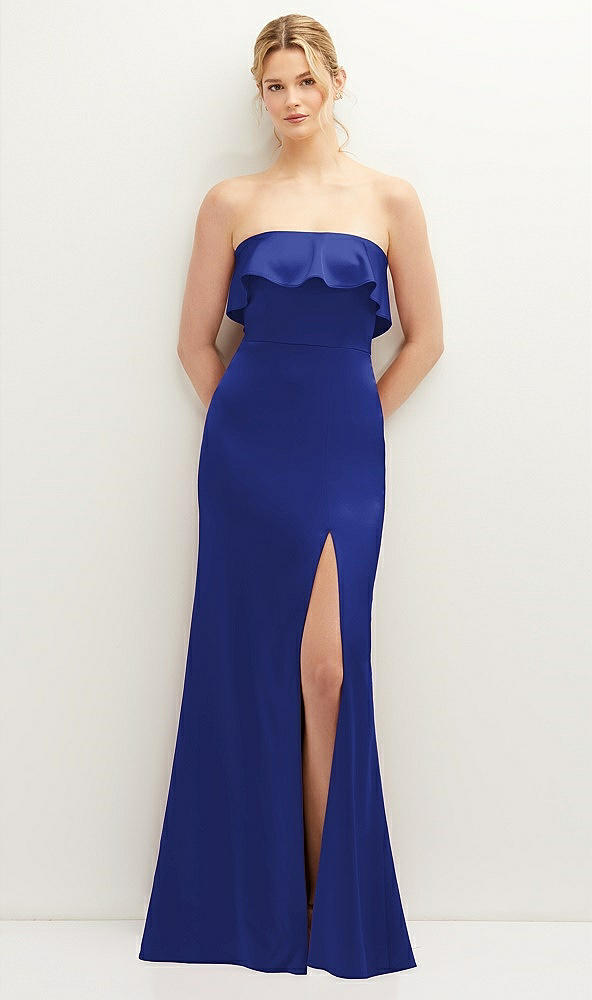 Front View - Cobalt Blue Soft Ruffle Cuff Strapless Trumpet Dress with Front Slit