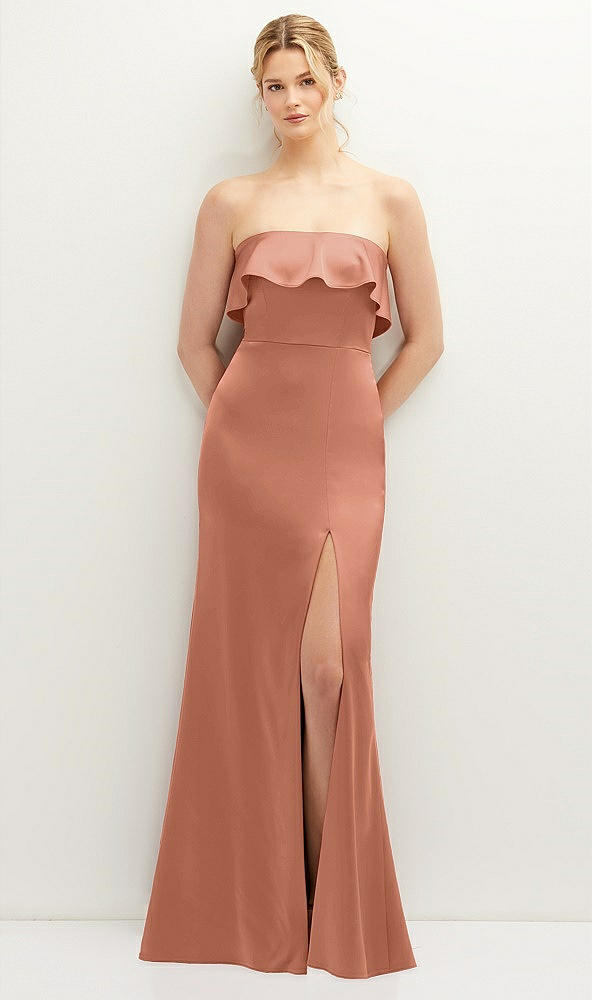 Front View - Copper Penny Soft Ruffle Cuff Strapless Trumpet Dress with Front Slit
