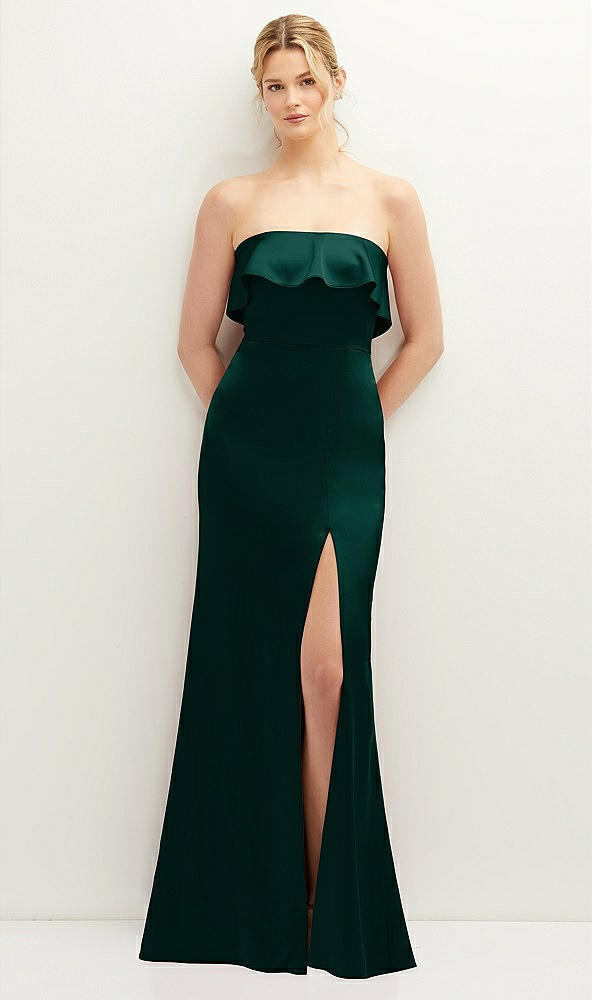 Front View - Evergreen Soft Ruffle Cuff Strapless Trumpet Dress with Front Slit