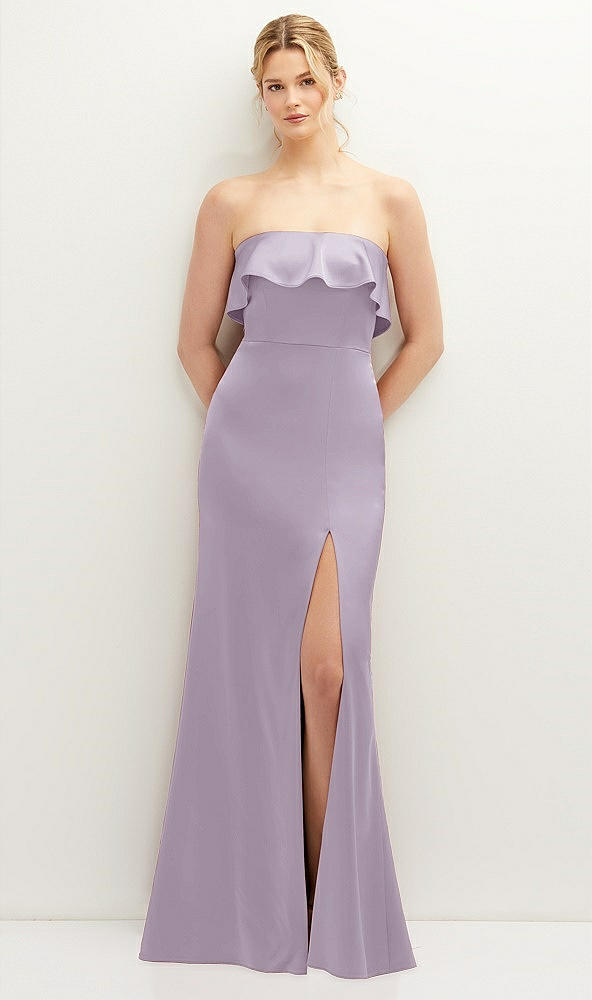 Front View - Lilac Haze Soft Ruffle Cuff Strapless Trumpet Dress with Front Slit