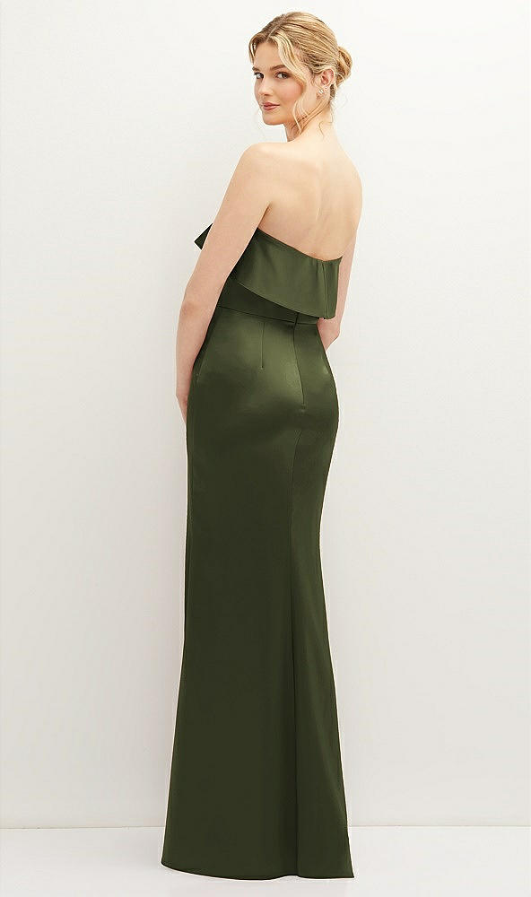 Back View - Olive Green Soft Ruffle Cuff Strapless Trumpet Dress with Front Slit