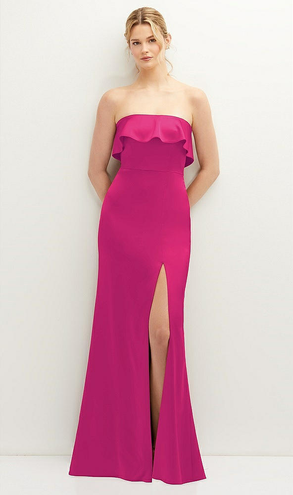 Front View - Think Pink Soft Ruffle Cuff Strapless Trumpet Dress with Front Slit
