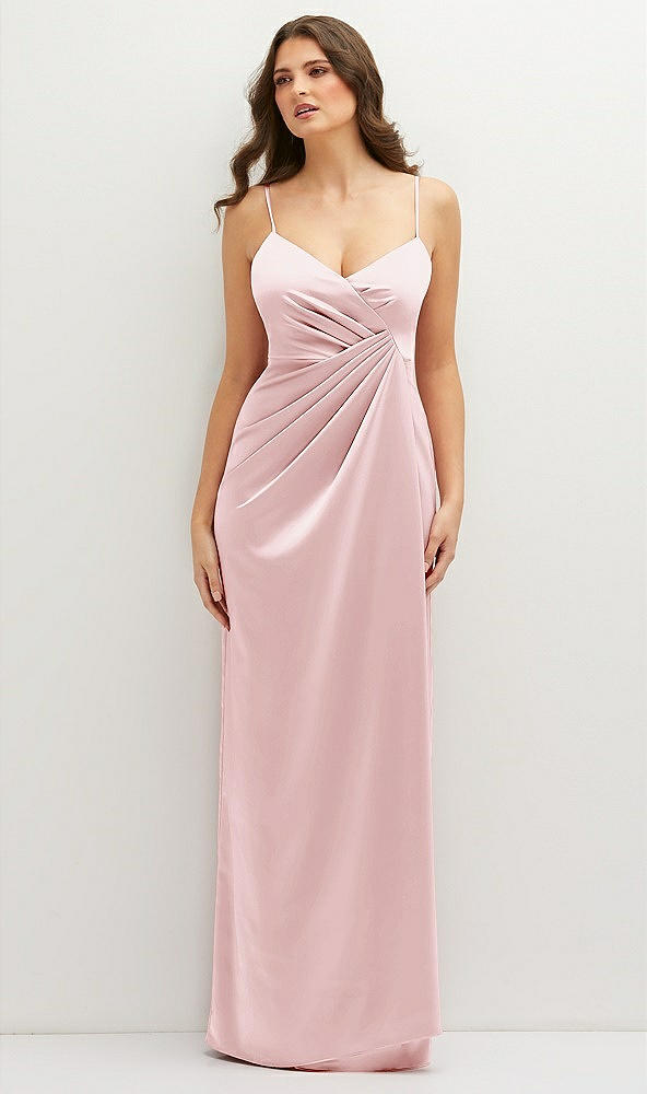 Front View - Ballet Pink Asymmetrical Draped Pleat Wrap Satin Maxi Dress