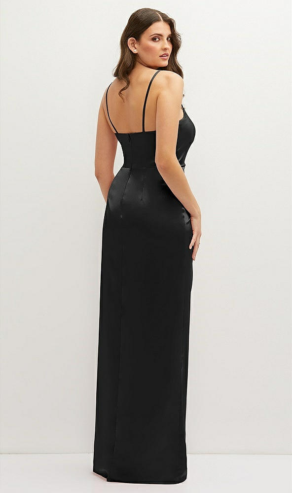 Back View - Black Asymmetrical Draped Pleat Wrap Satin Maxi Dress