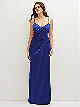 Front View Thumbnail - Cobalt Blue Asymmetrical Draped Pleat Wrap Satin Maxi Dress