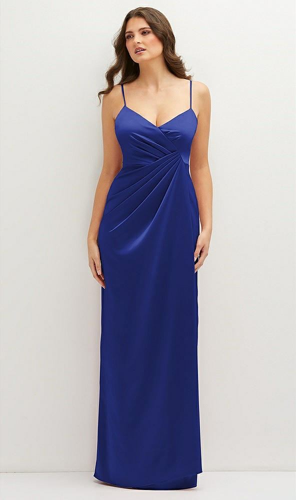Front View - Cobalt Blue Asymmetrical Draped Pleat Wrap Satin Maxi Dress